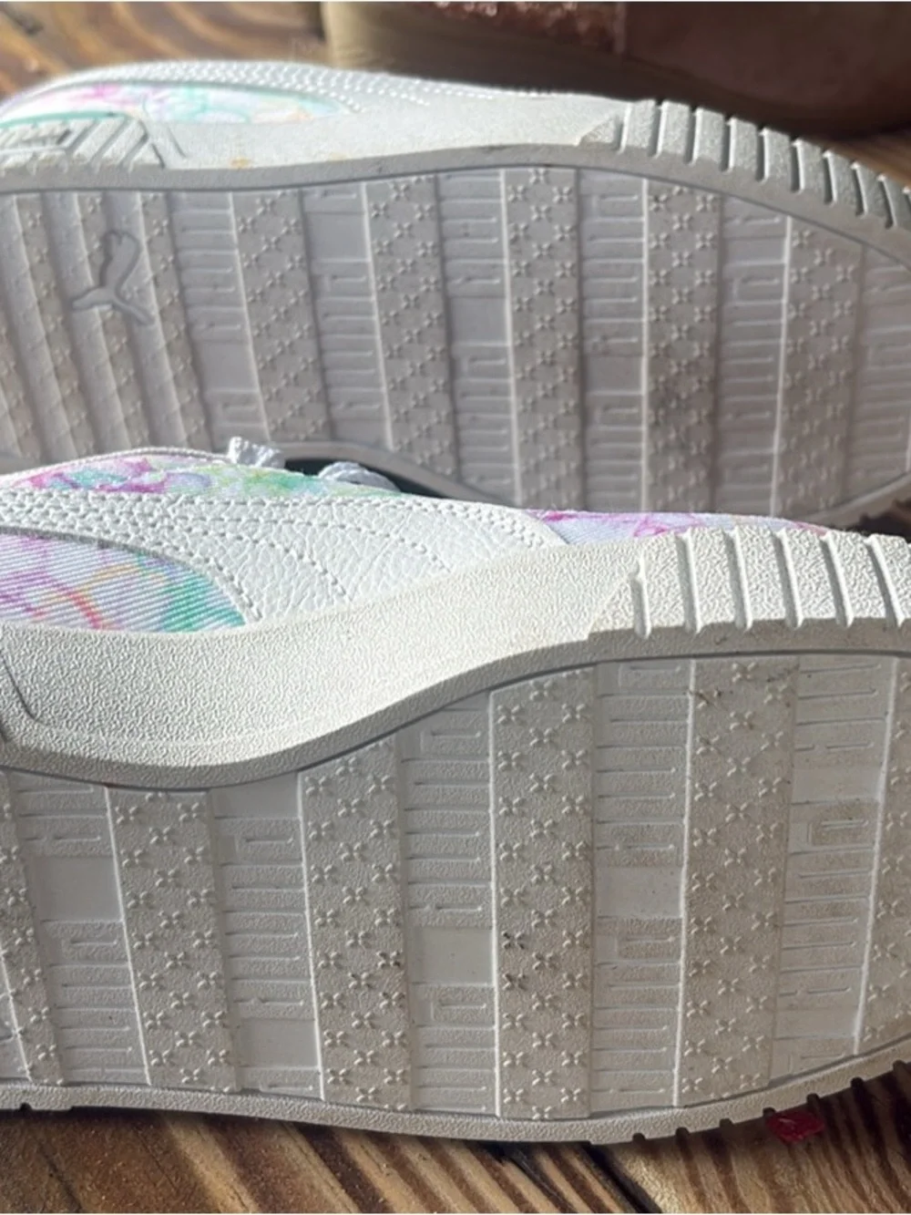 Little Girl Puma White Sneakers with Pink and Mint Floral Accents, Size 1.5C